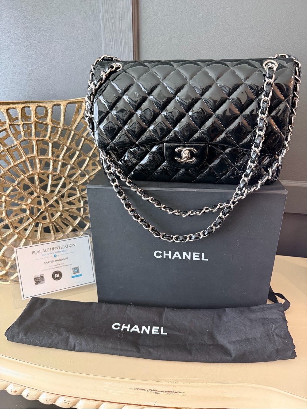 Chanel Jumbo Classic Double Flap Black Patent Leather Silver Hardware